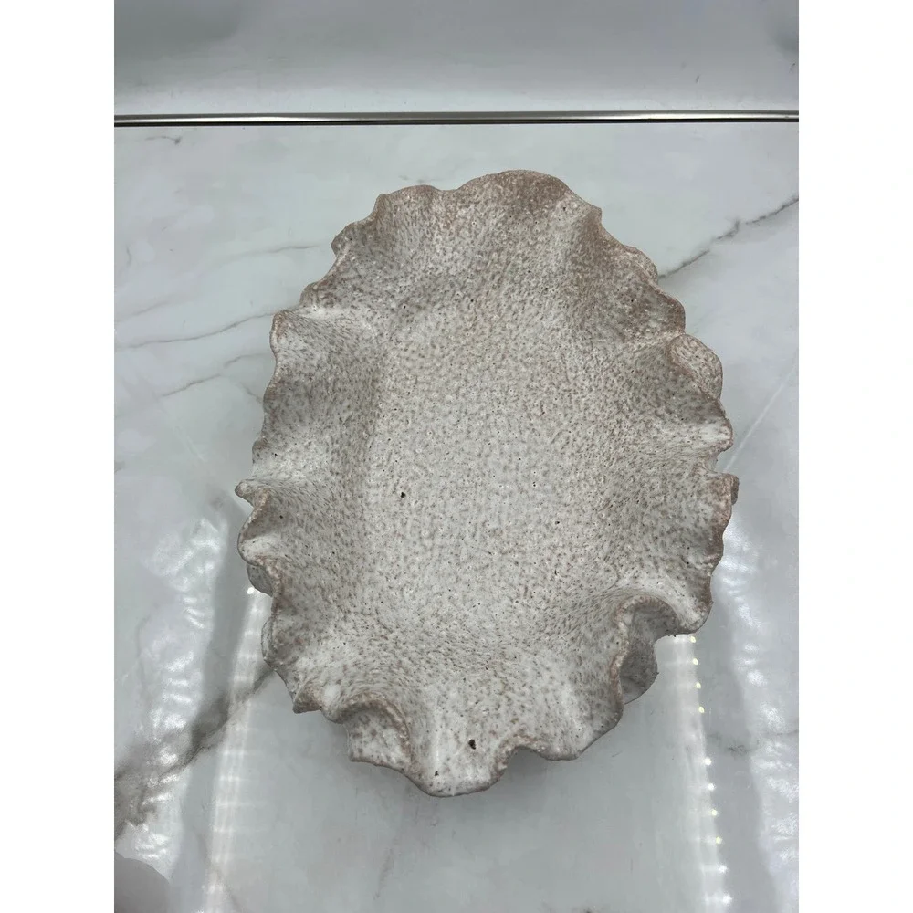 Ceramic Sylvia Bowl Planter Ruffled Clam Shell Speckled Neutral Coastal